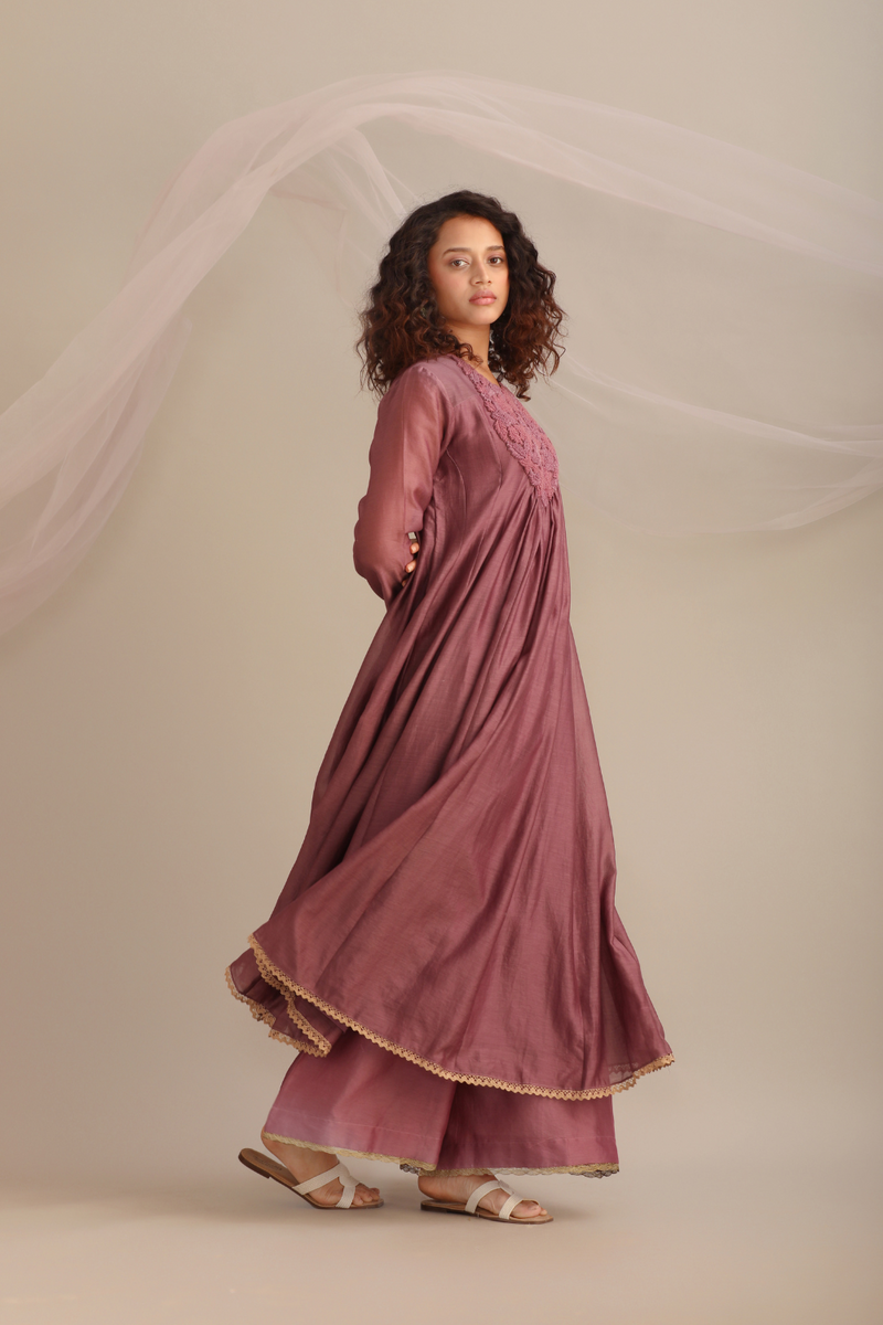 LONG CHANDERI KALIDAR KURTA SET chanderi by Myoho for women Worldwide