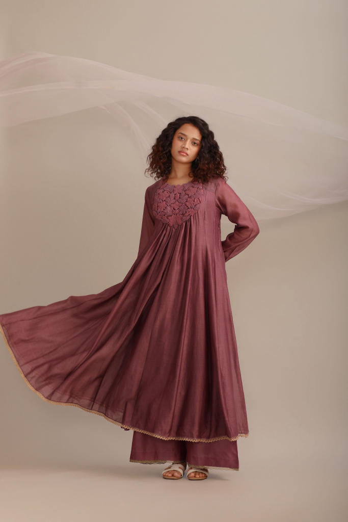 LONG CHANDERI KALIDAR KURTA SET chanderi by Myoho for women Worldwide