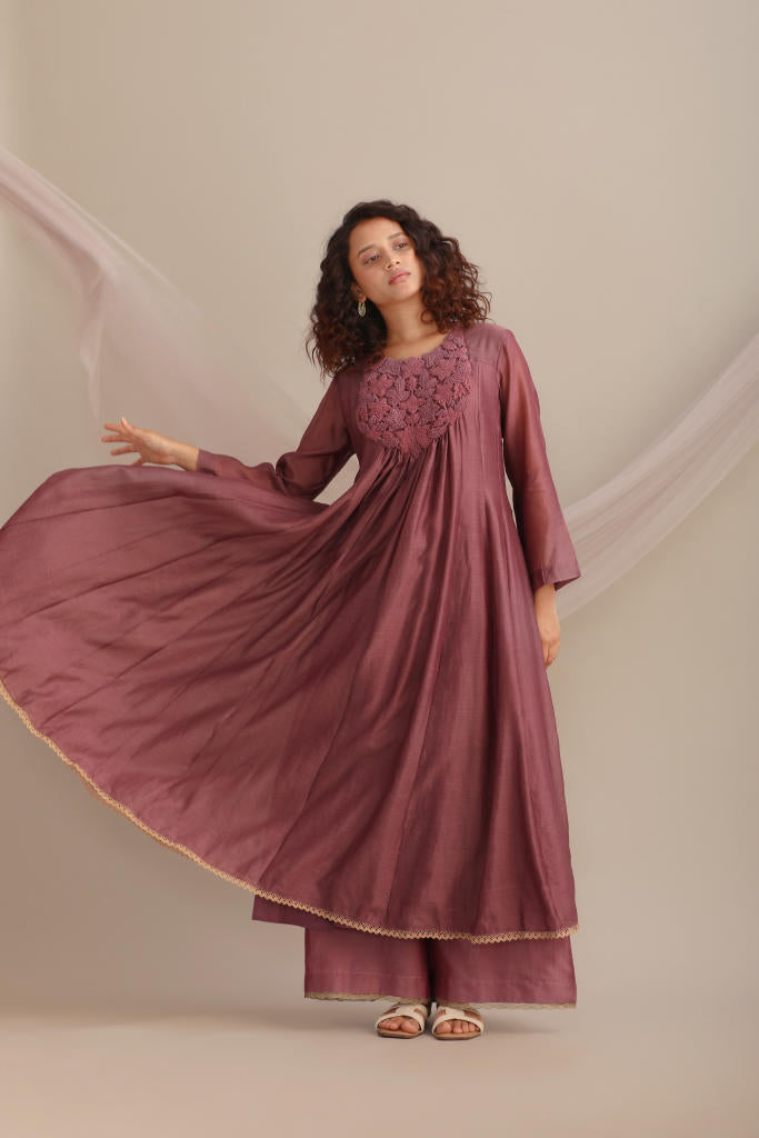 LONG CHANDERI KALIDAR KURTA SET chanderi by Myoho for women Worldwide