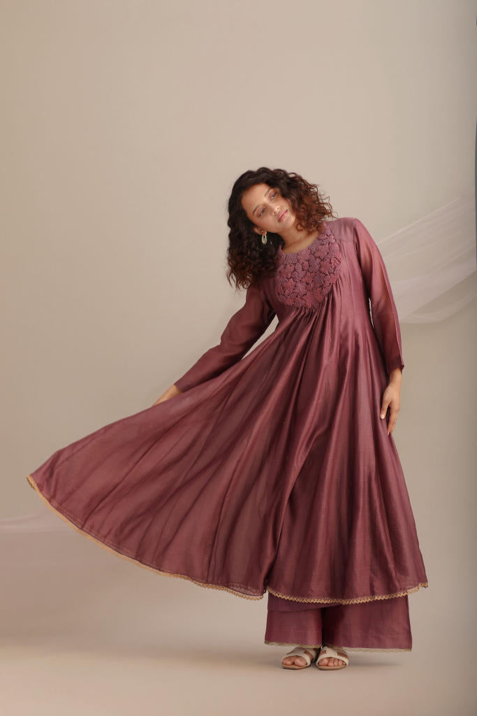 LONG CHANDERI KALIDAR KURTA SET chanderi by Myoho for women Worldwide