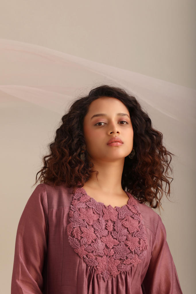 LONG CHANDERI KALIDAR KURTA SET chanderi by Myoho for women Worldwide