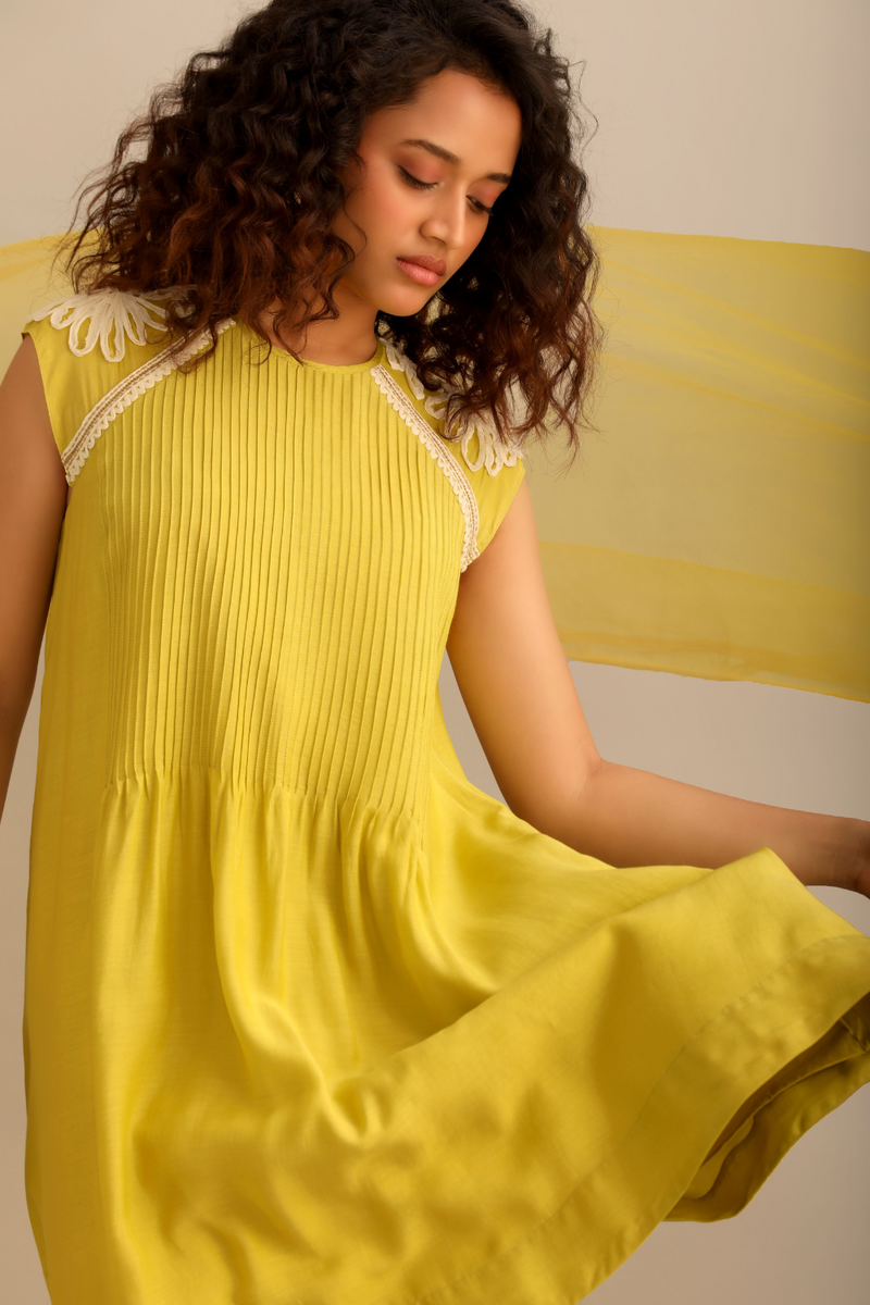 A LIME COTTON SILK PINTUCKED SHORT KNEE LENGTH DRESS silk by Myoho for women Worldwide