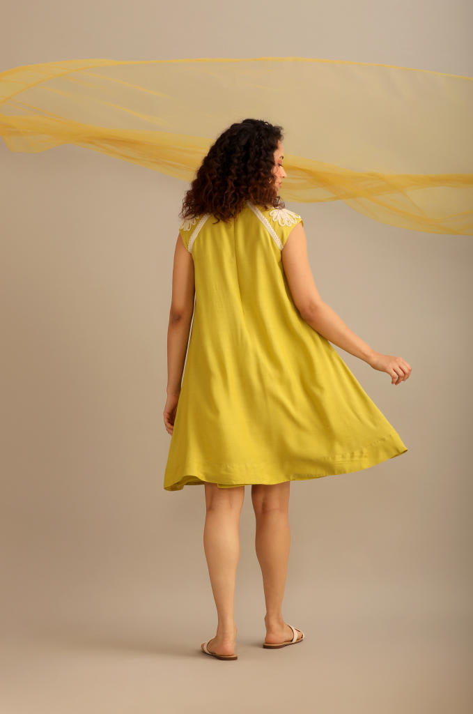 A LIME COTTON SILK PINTUCKED SHORT KNEE LENGTH DRESS silk by Myoho for women Worldwide