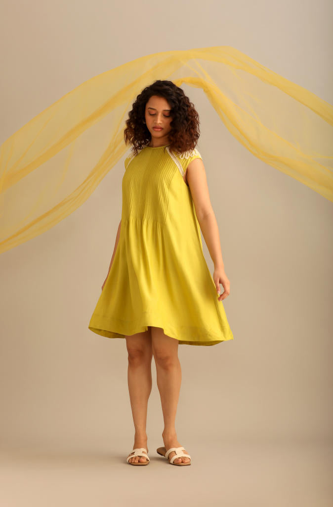 A LIME COTTON SILK PINTUCKED SHORT KNEE LENGTH DRESS silk by Myoho for women Worldwide