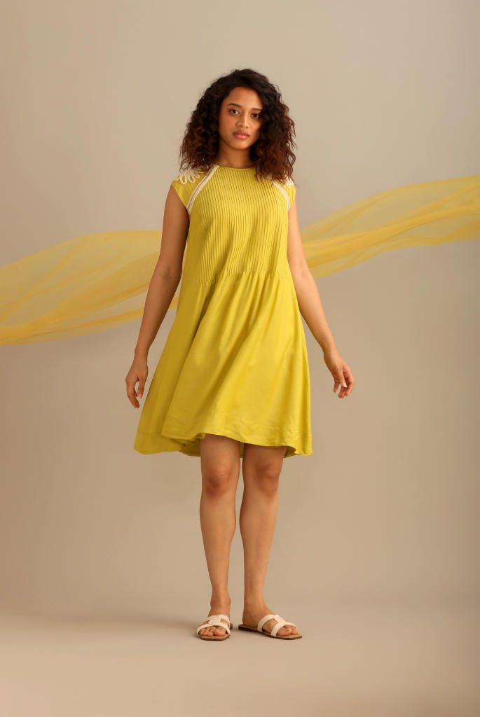 A LIME COTTON SILK PINTUCKED SHORT KNEE LENGTH DRESS silk by Myoho for women Worldwide