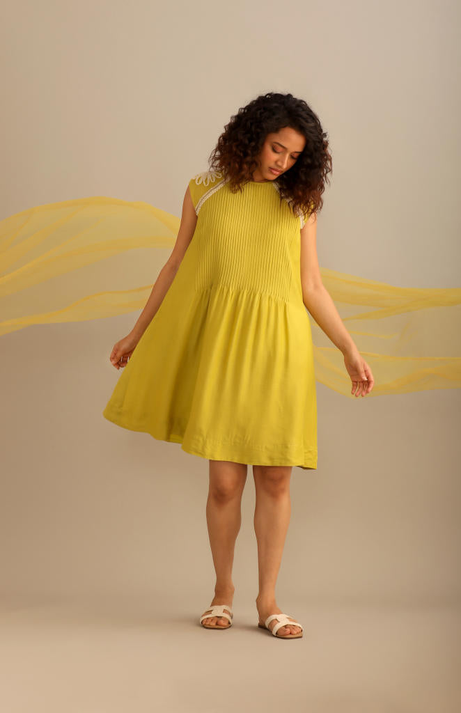 A LIME COTTON SILK PINTUCKED SHORT KNEE LENGTH DRESS silk by Myoho for women Worldwide