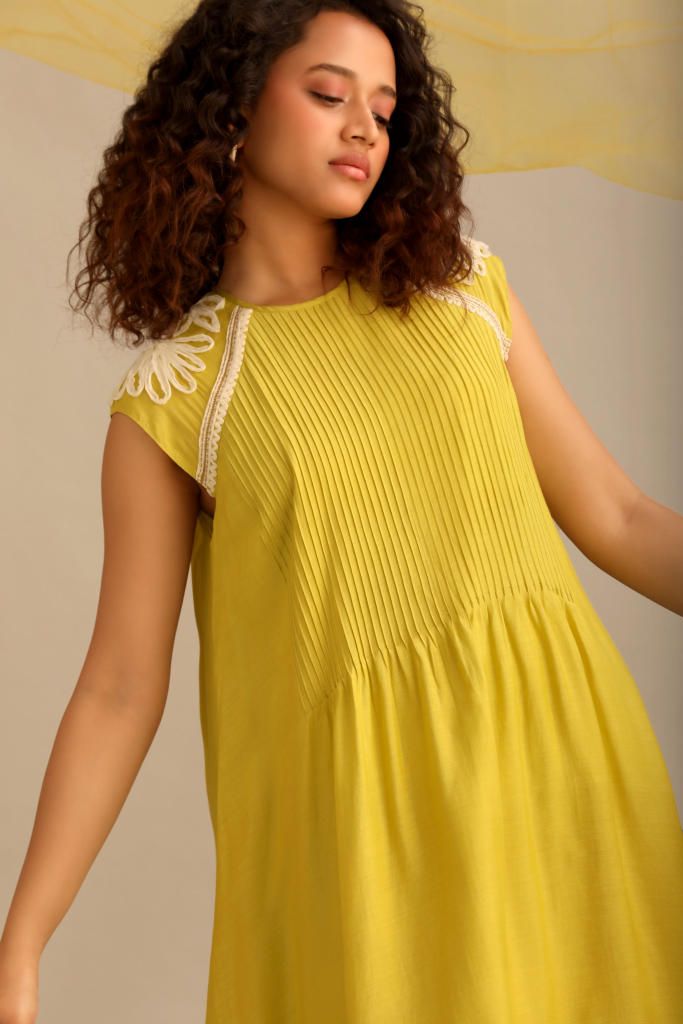 A LIME COTTON SILK PINTUCKED SHORT KNEE LENGTH DRESS silk by Myoho for women Worldwide