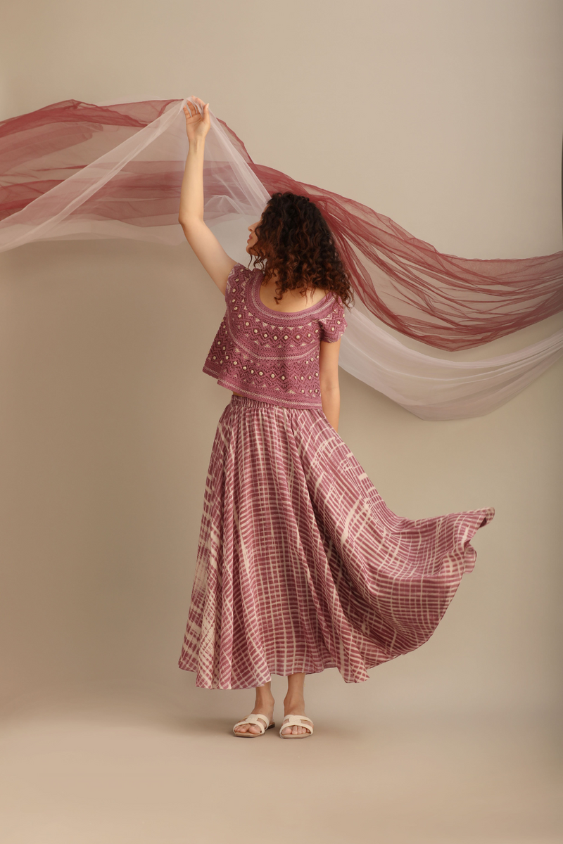 LAVENDER CROP TOP WITH CIRCULAR SKIRT silk by Myoho for women Worldwide