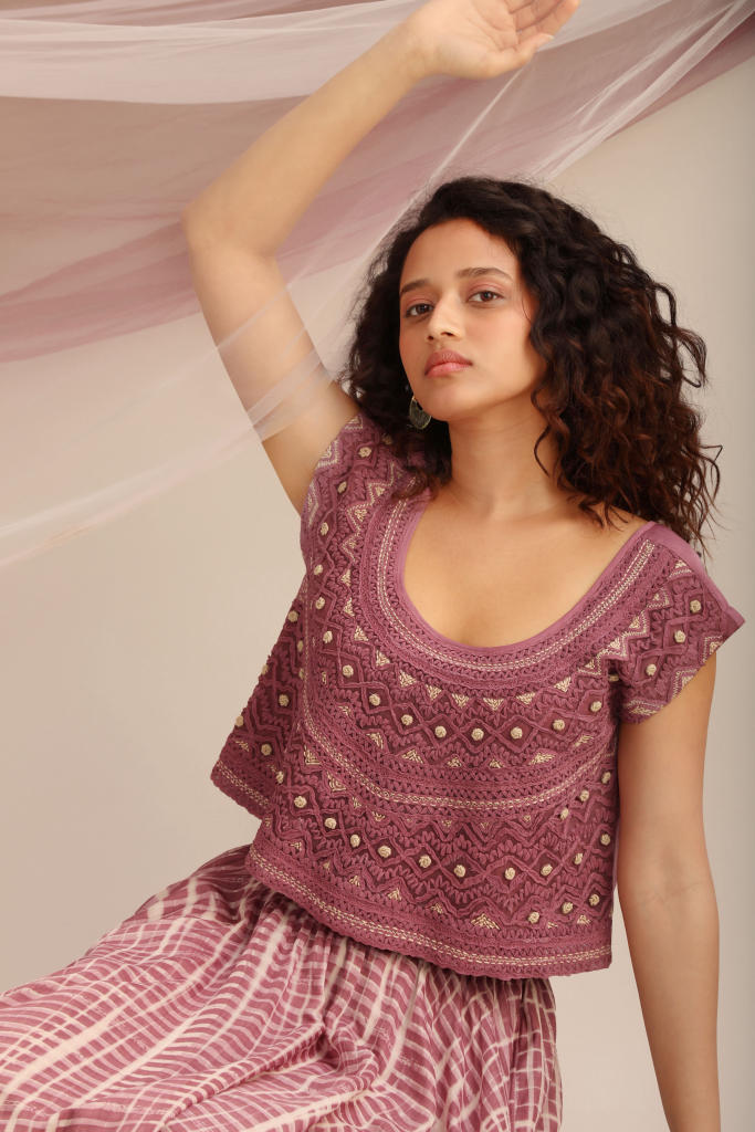 LAVENDER CROP TOP WITH CIRCULAR SKIRT silk by Myoho for women Worldwide
