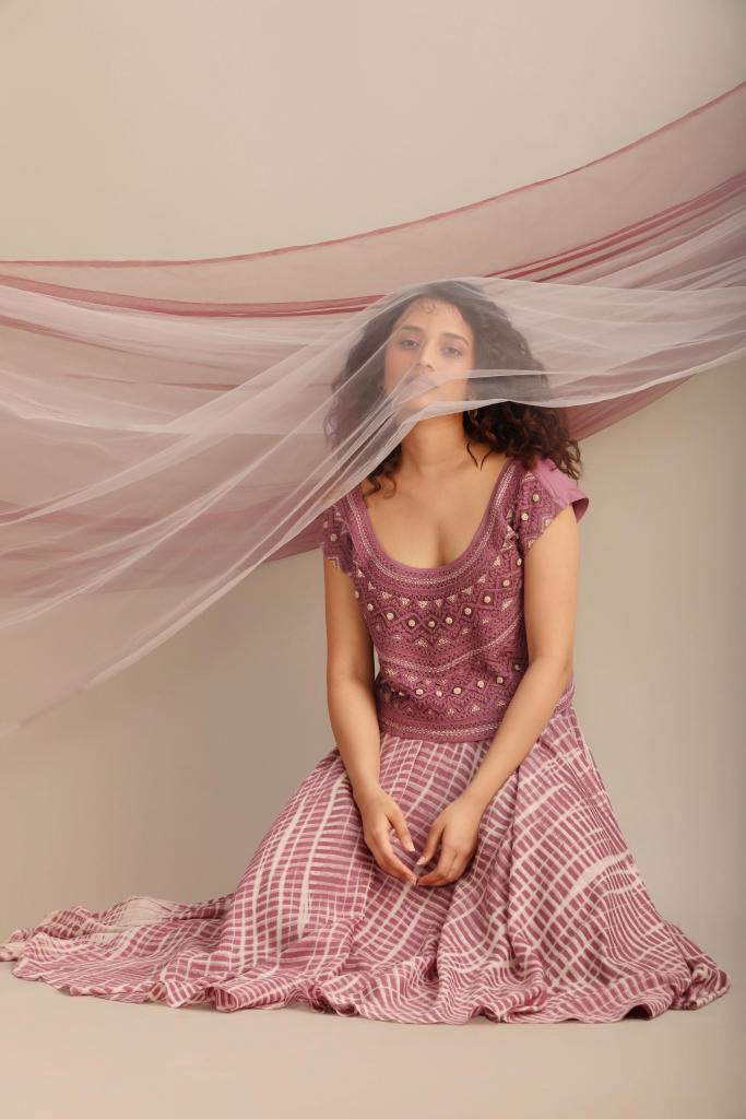 LAVENDER CROP TOP WITH CIRCULAR SKIRT silk by Myoho for women Worldwide