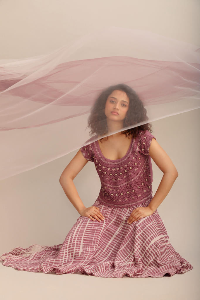 LAVENDER CROP TOP WITH CIRCULAR SKIRT silk by Myoho for women Worldwide