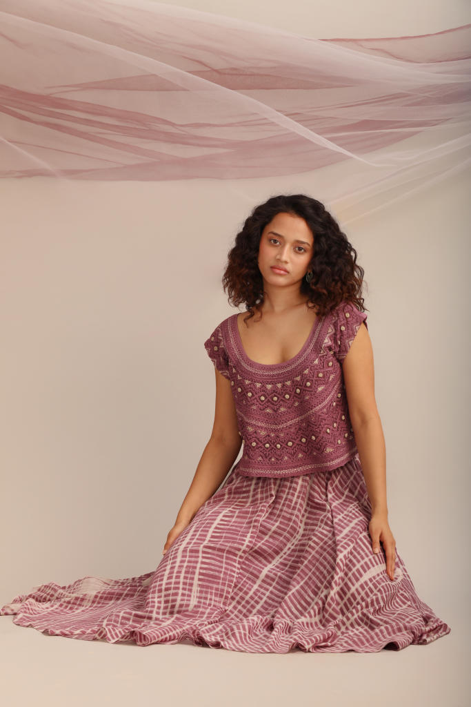 LAVENDER CROP TOP WITH CIRCULAR SKIRT silk by Myoho for women Worldwide