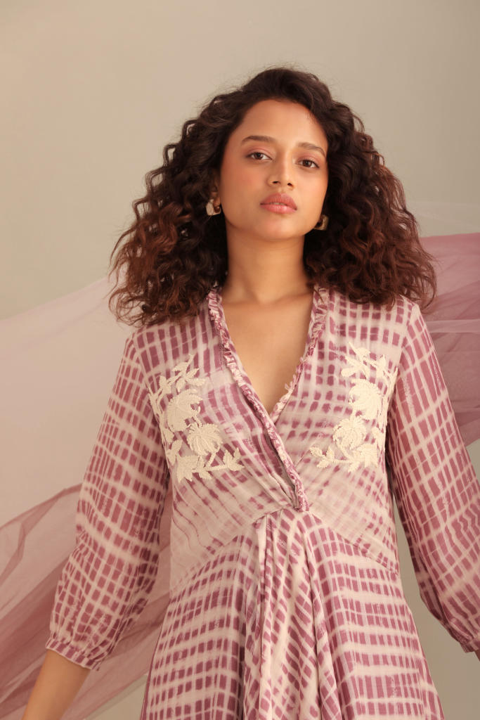 LAVENDER PRINTED WRAPPED DRESS silk by Myoho for women Worldwide