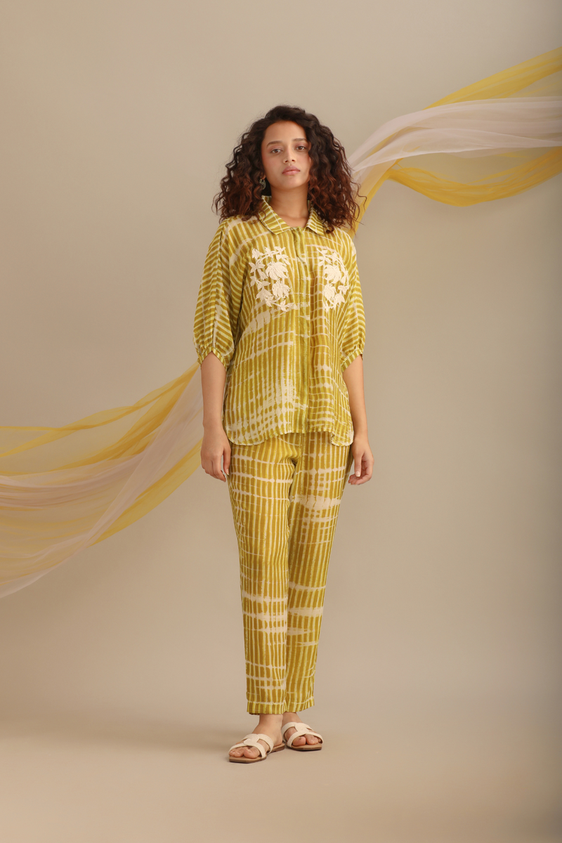 STRIPED COTTON SILK PRINTED CO-ORD SET silk by Myoho in green color for women Worldwide