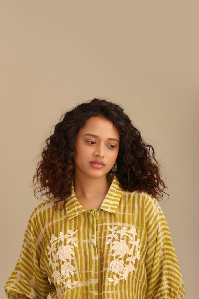 STRIPED COTTON SILK PRINTED CO-ORD SET silk by Myoho in green color for women Worldwide