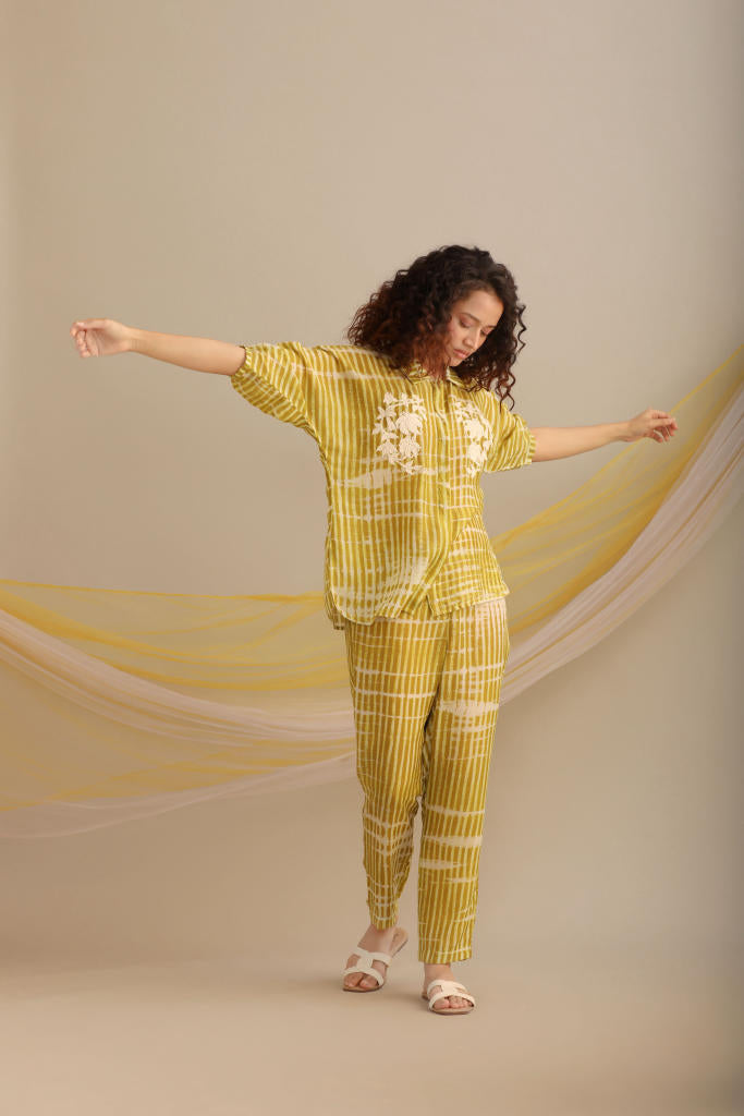 STRIPED COTTON SILK PRINTED CO-ORD SET silk by Myoho in green color for women Worldwide