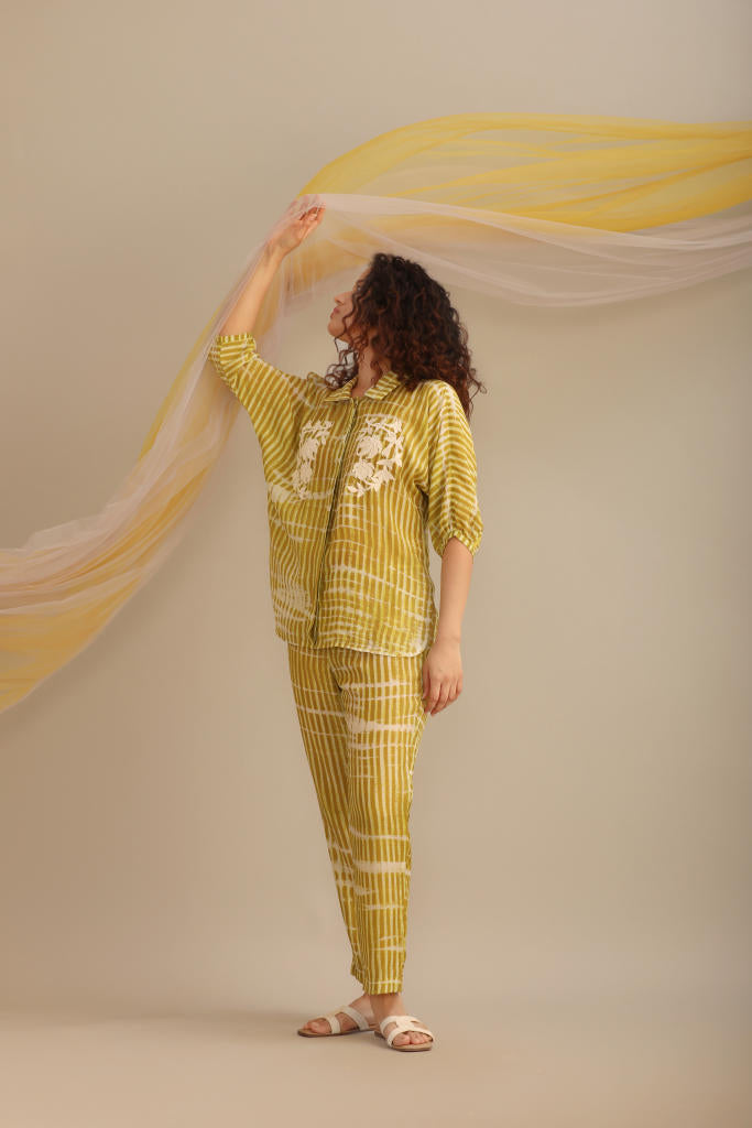 STRIPED COTTON SILK PRINTED CO-ORD SET silk by Myoho in green color for women Worldwide