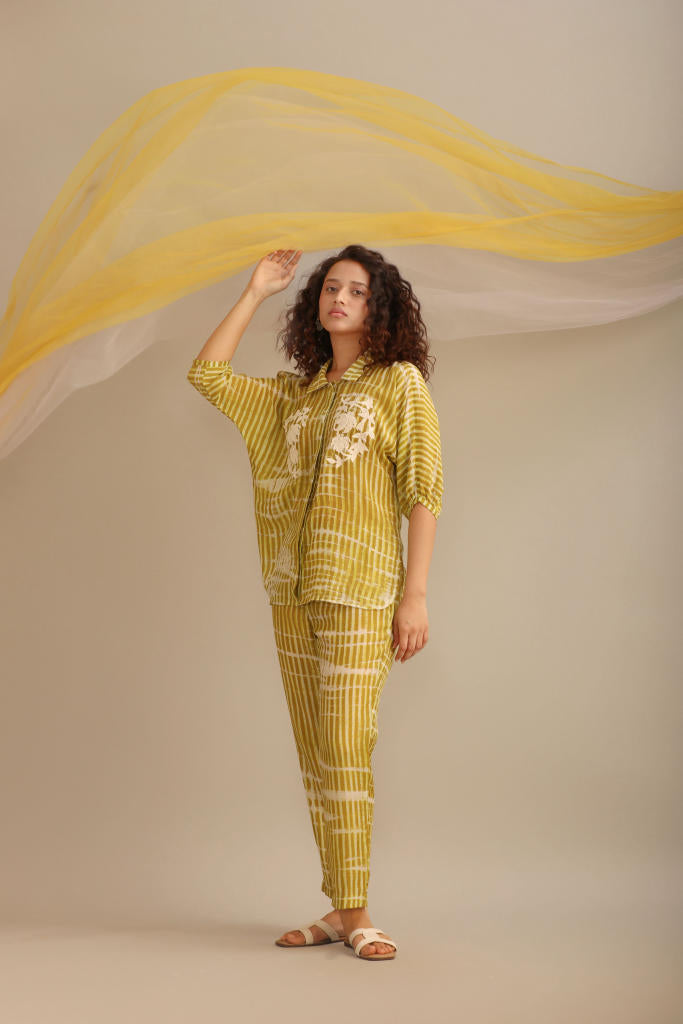 STRIPED COTTON SILK PRINTED CO-ORD SET silk by Myoho in green color for women Worldwide