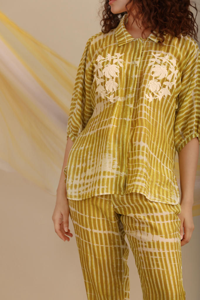STRIPED COTTON SILK PRINTED CO-ORD SET silk by Myoho in green color for women Worldwide