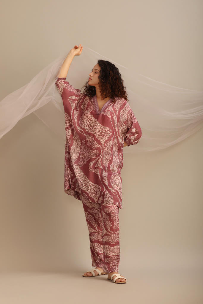 LANDSCAPE LAVENDER PRINTED V NECK KAFTAN SET. silk by Myoho for women Worldwide