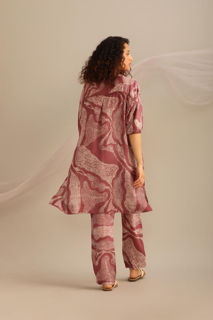 LANDSCAPE LAVENDER PRINTED V NECK KAFTAN SET. silk by Myoho for women Worldwide