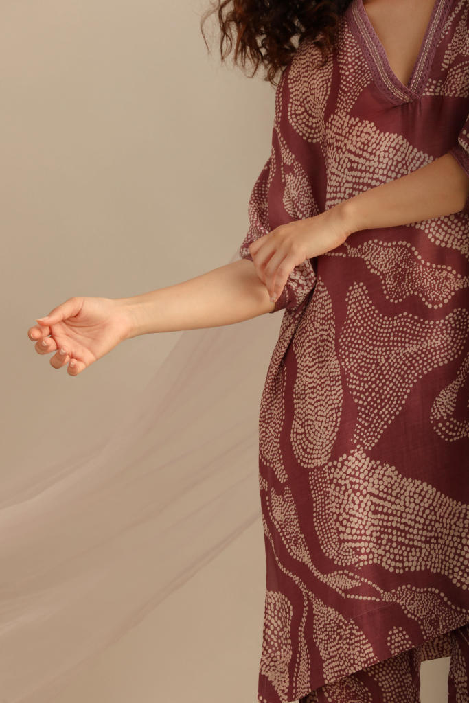 LANDSCAPE LAVENDER PRINTED V NECK KAFTAN SET. silk by Myoho for women Worldwide