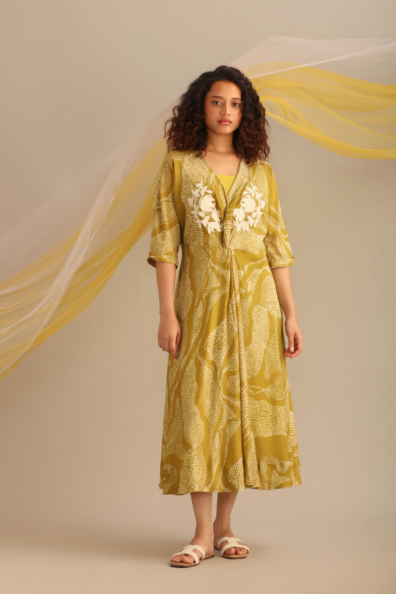 LANDSCAPE PRINT WRAP DRESS. silk by Myoho in green color for women Worldwide