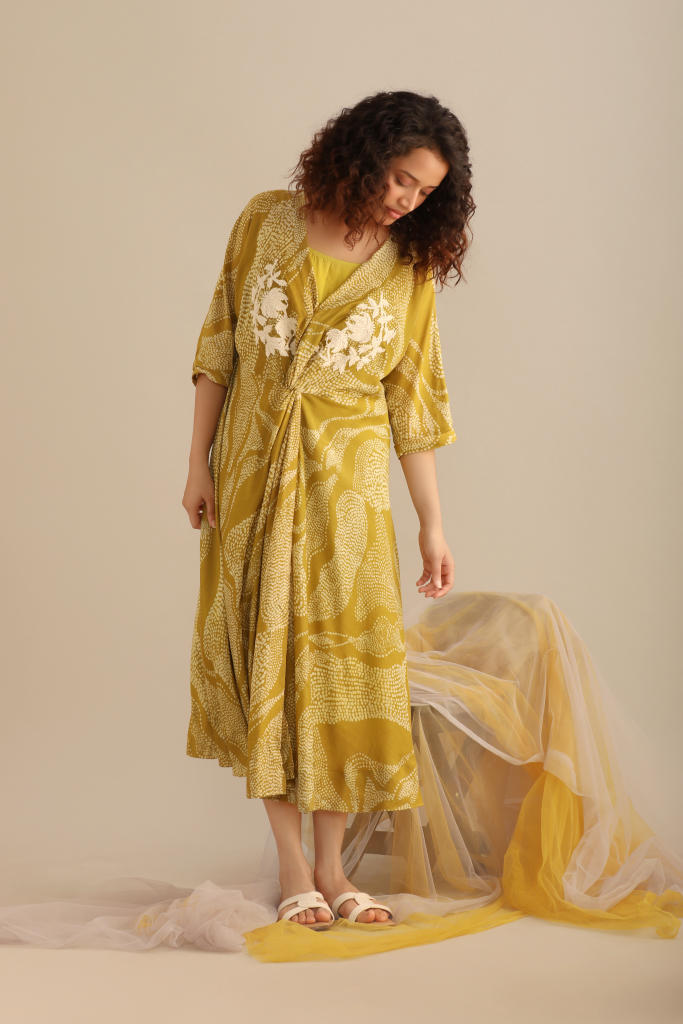LANDSCAPE PRINT WRAP DRESS. silk by Myoho in green color for women Worldwide