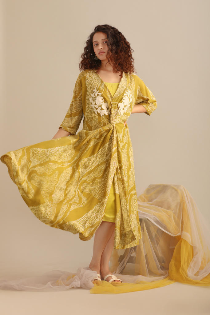 LANDSCAPE PRINT WRAP DRESS. silk by Myoho in green color for women Worldwide
