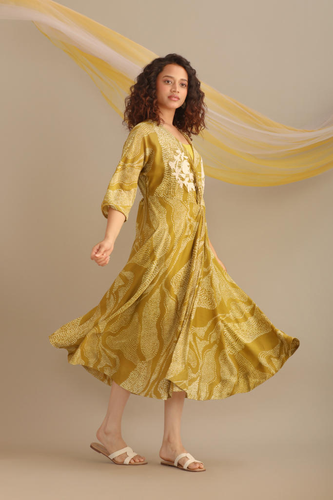 LANDSCAPE PRINT WRAP DRESS. silk by Myoho in green color for women Worldwide