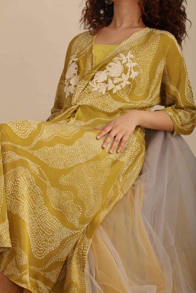 LANDSCAPE PRINT WRAP DRESS. silk by Myoho in green color for women Worldwide