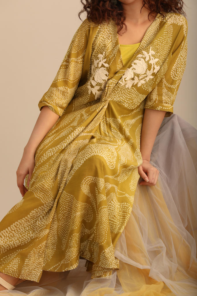 LANDSCAPE PRINT WRAP DRESS. silk by Myoho in green color for women Worldwide