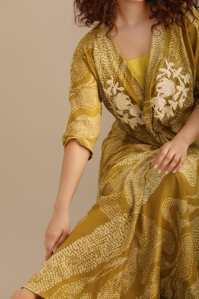 LANDSCAPE PRINT WRAP DRESS. silk by Myoho in green color for women Worldwide