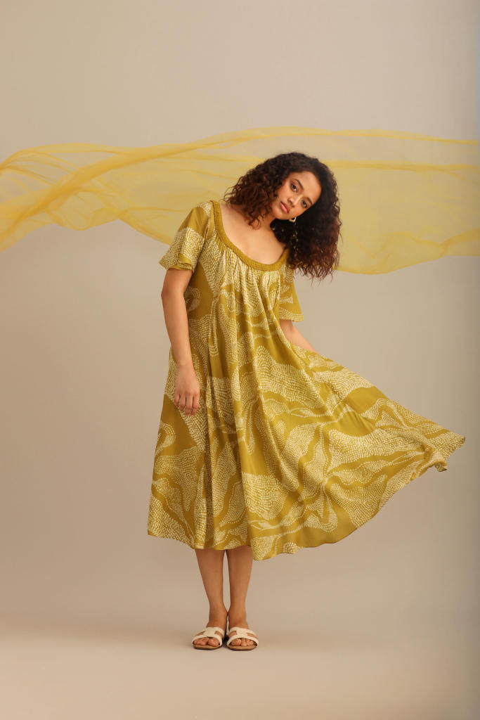 LANDSCAPE PRINT CIRCULAR DRESS silk by Myoho in green color for women Worldwide