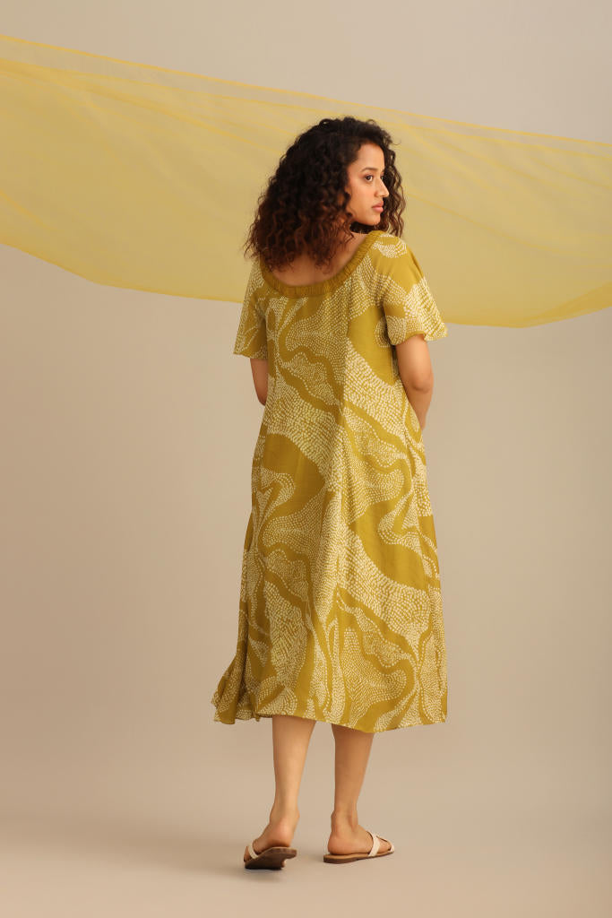 LANDSCAPE PRINT CIRCULAR DRESS silk by Myoho in green color for women Worldwide