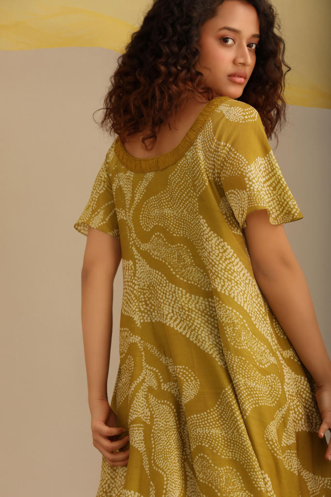 LANDSCAPE PRINT CIRCULAR DRESS silk by Myoho in green color for women Worldwide