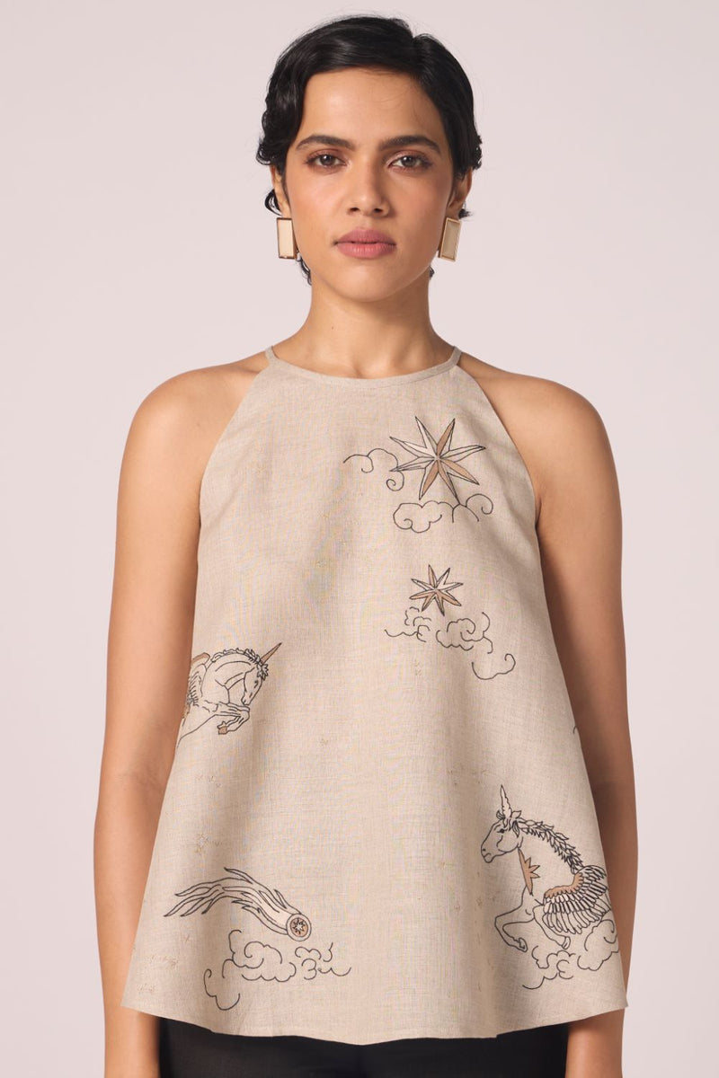 Maarah Beige Linen Halter Top by The Summer House in beige color for women Worldwide