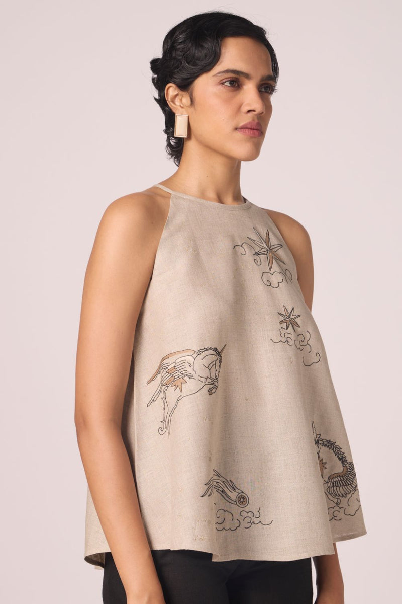 Maarah Beige Linen Halter Top by The Summer House in beige color for women Worldwide