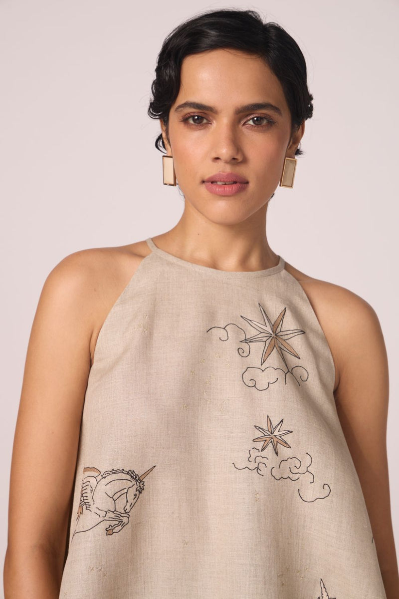 Maarah Beige Linen Halter Top by The Summer House in beige color for women Worldwide