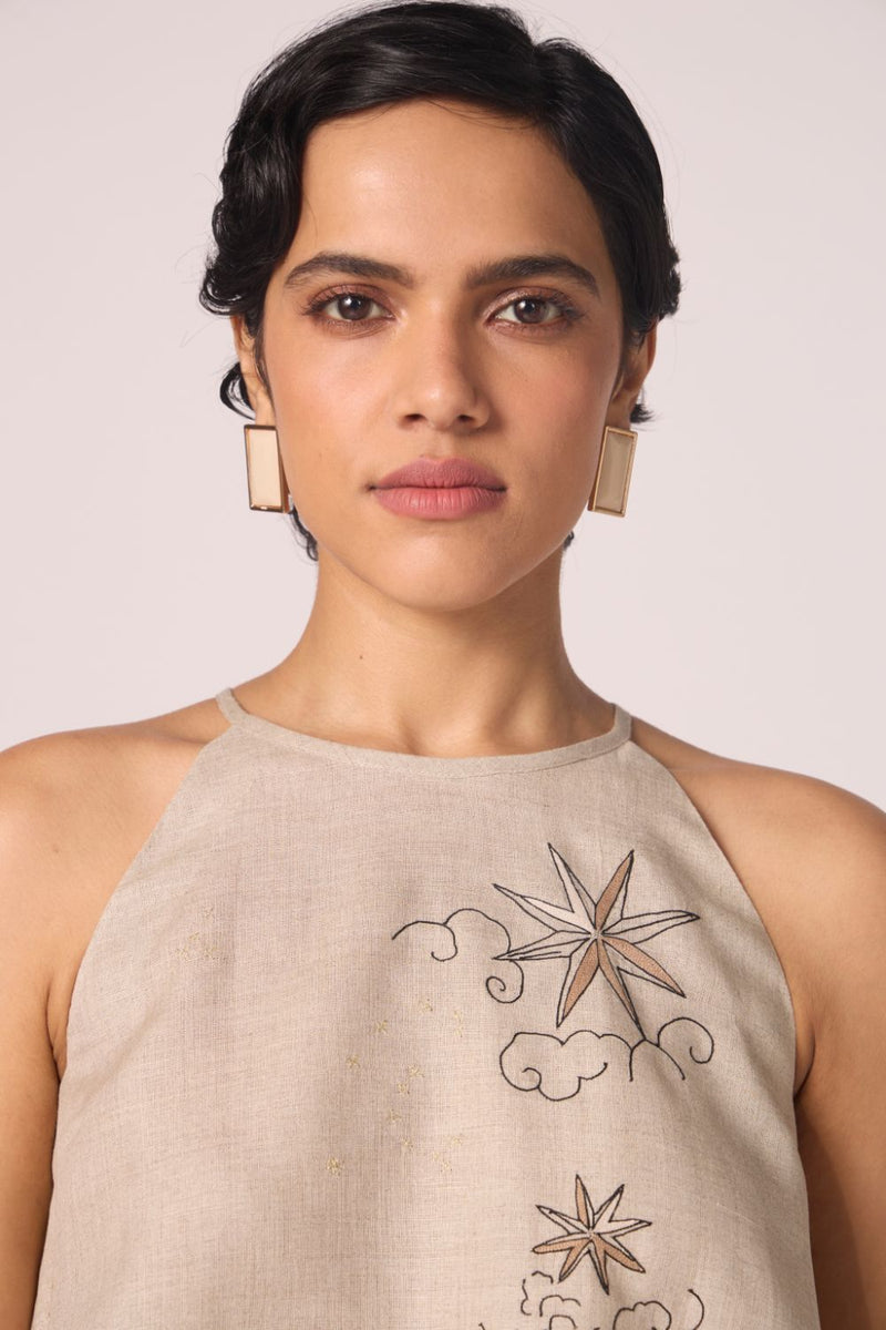 Maarah Beige Linen Halter Top by The Summer House in beige color for women Worldwide