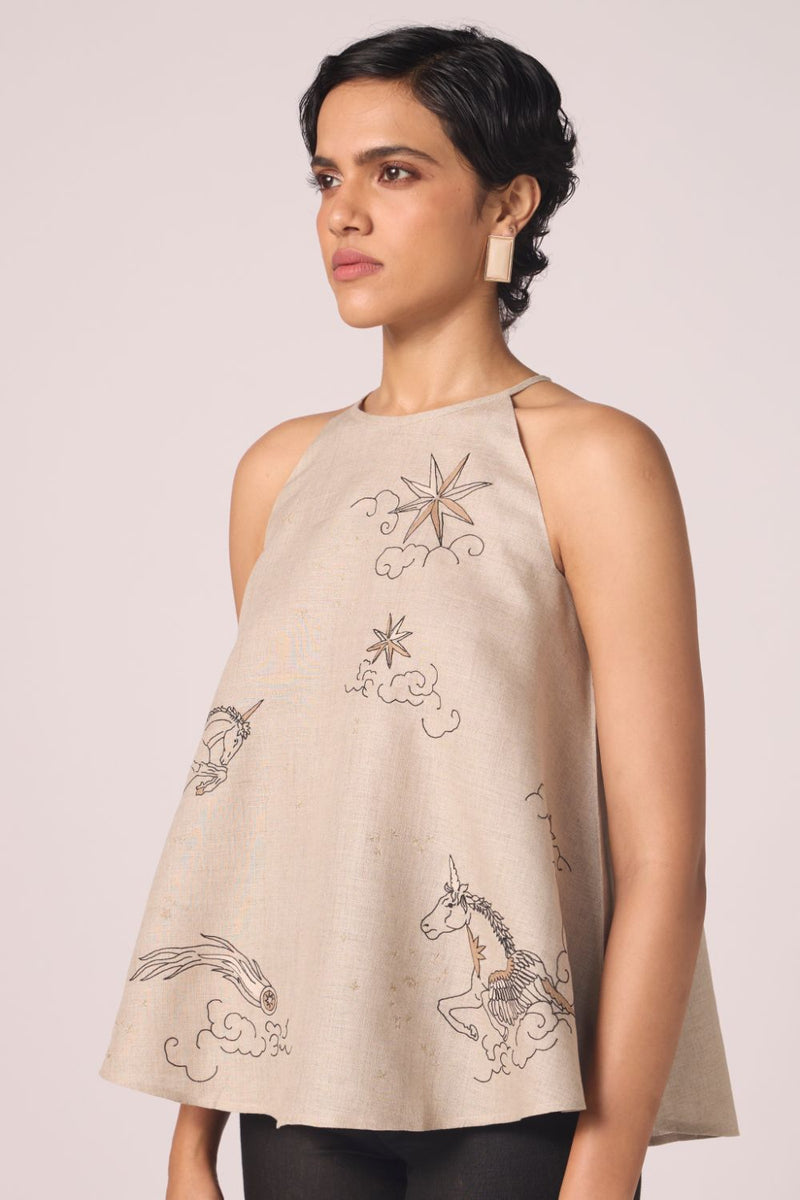 Maarah Beige Linen Halter Top by The Summer House in beige color for women Worldwide