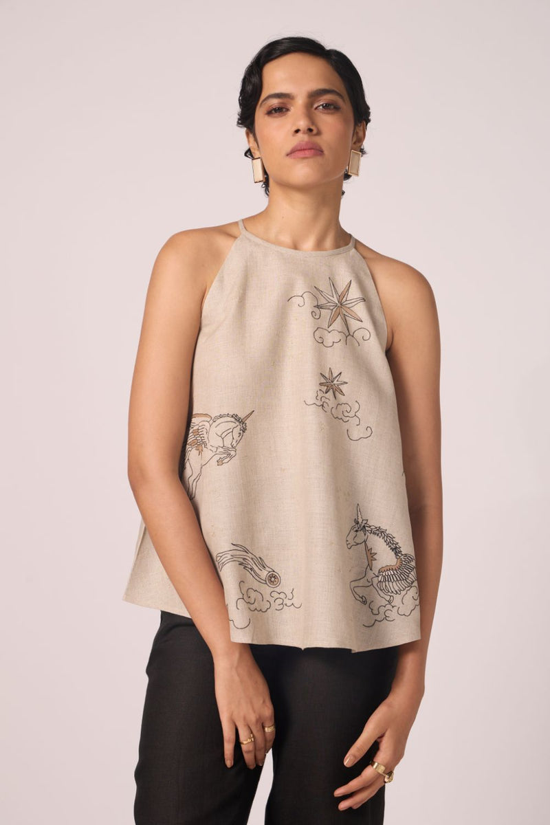 Maarah Beige Linen Halter Top by The Summer House in beige color for women Worldwide