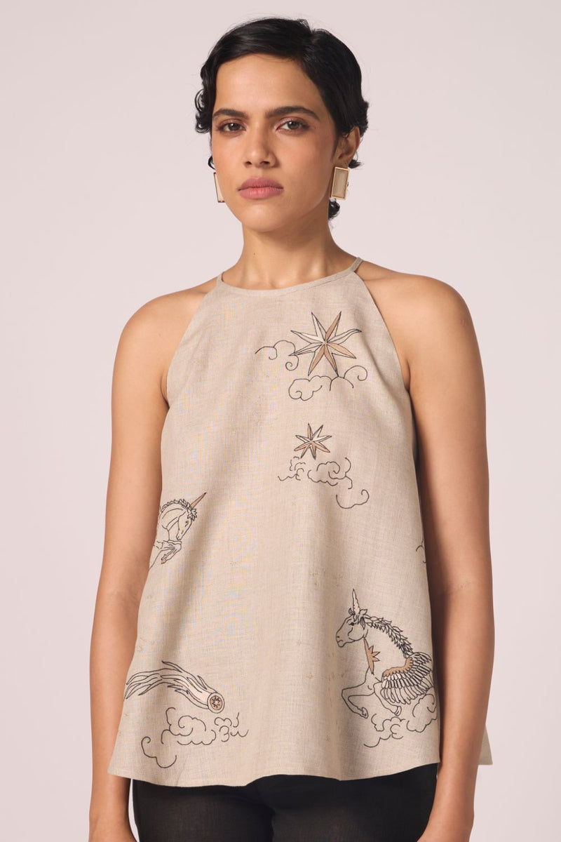 Maarah Beige Linen Halter Top by The Summer House in beige color for women Worldwide