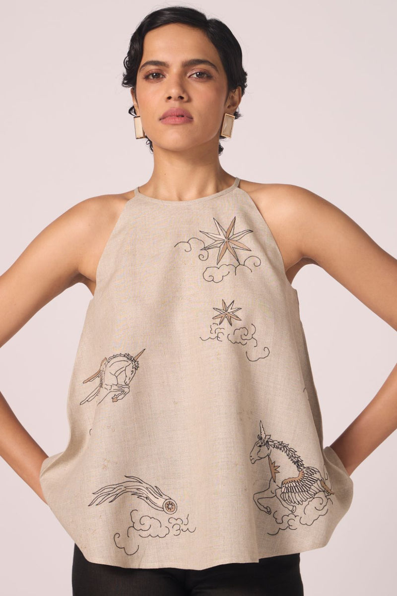Maarah Beige Linen Halter Top by The Summer House in beige color for women Worldwide