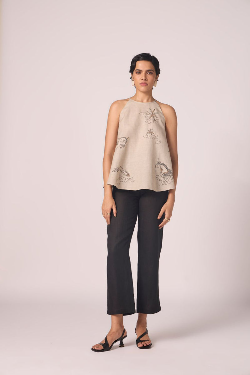 Maarah Beige Linen Halter Top by The Summer House in beige color for women Worldwide