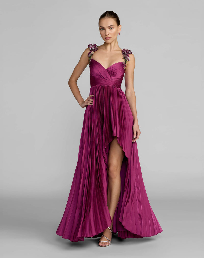 13263-Magenta Pleated High Low Gown With 3D Floral Straps polyester evening-gowns by Mac Duggal in pink for women Worldwide