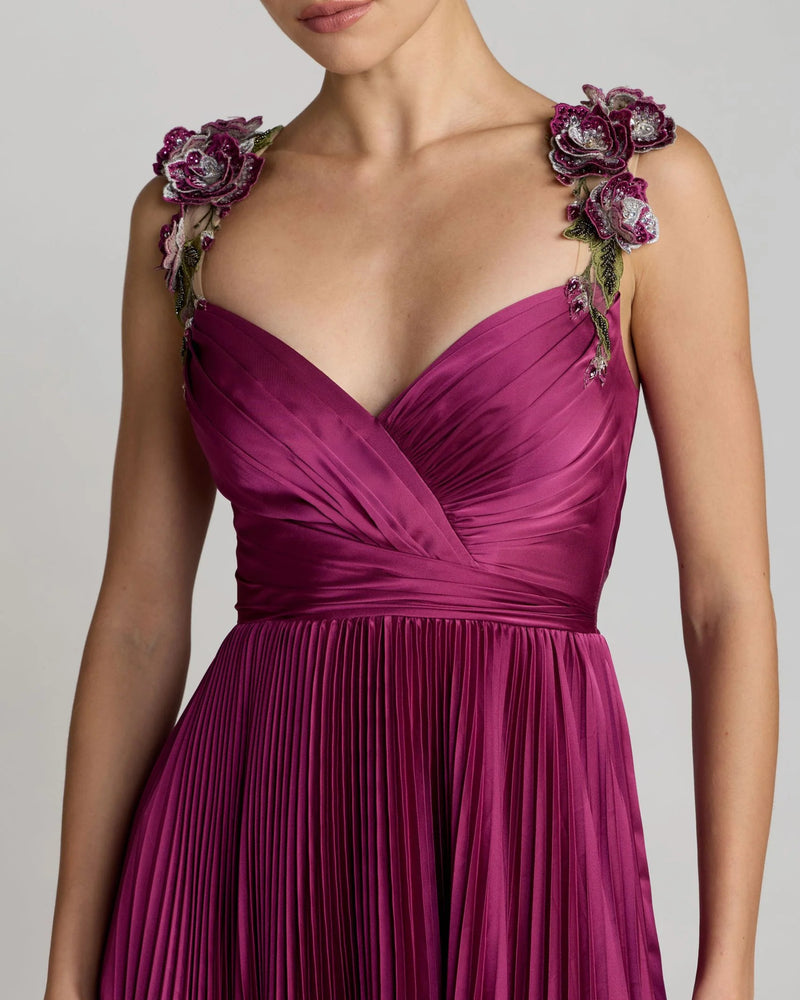 13263-Magenta Pleated High Low Gown With 3D Floral Straps polyester evening-gowns by Mac Duggal in pink for women Worldwide