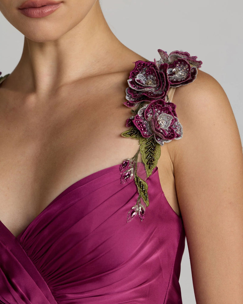 13263-Magenta Pleated High Low Gown With 3D Floral Straps polyester evening-gowns by Mac Duggal in pink for women Worldwide