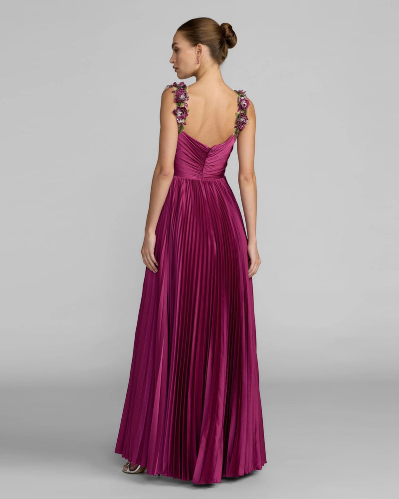13263-Magenta Pleated High Low Gown With 3D Floral Straps polyester evening-gowns by Mac Duggal in pink for women Worldwide