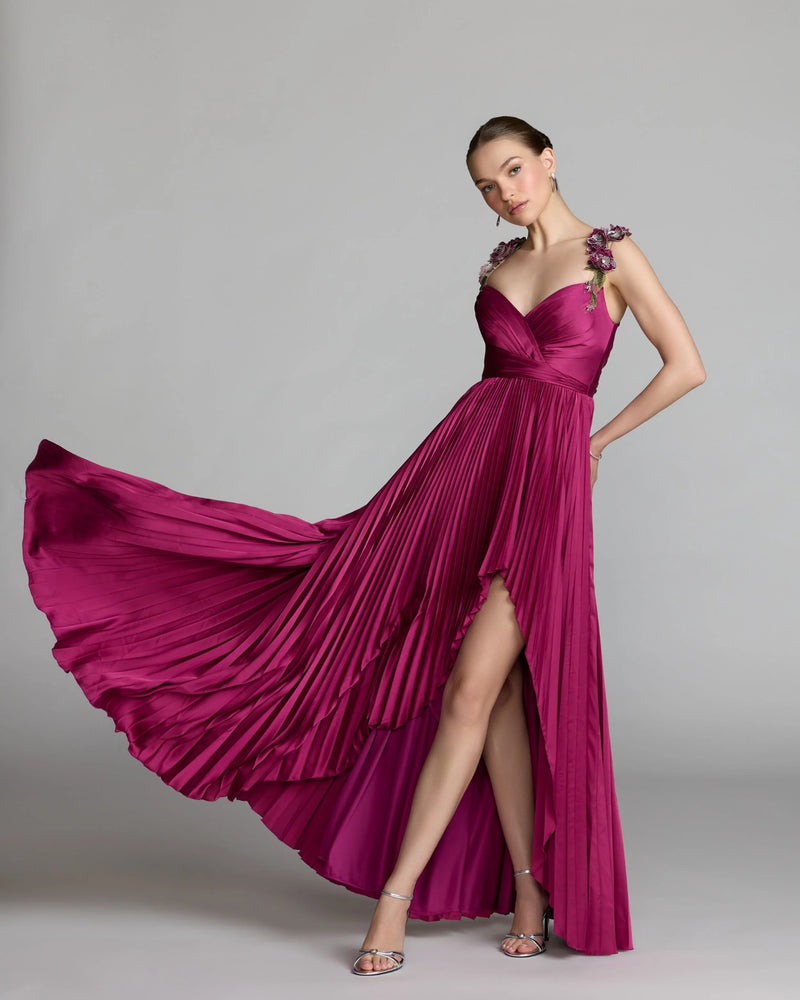 13263-Magenta Pleated High Low Gown With 3D Floral Straps polyester evening-gowns by Mac Duggal in pink for women Worldwide